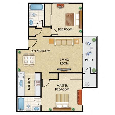 Floor plan for 2 beds, 2 baths, 796 sqft